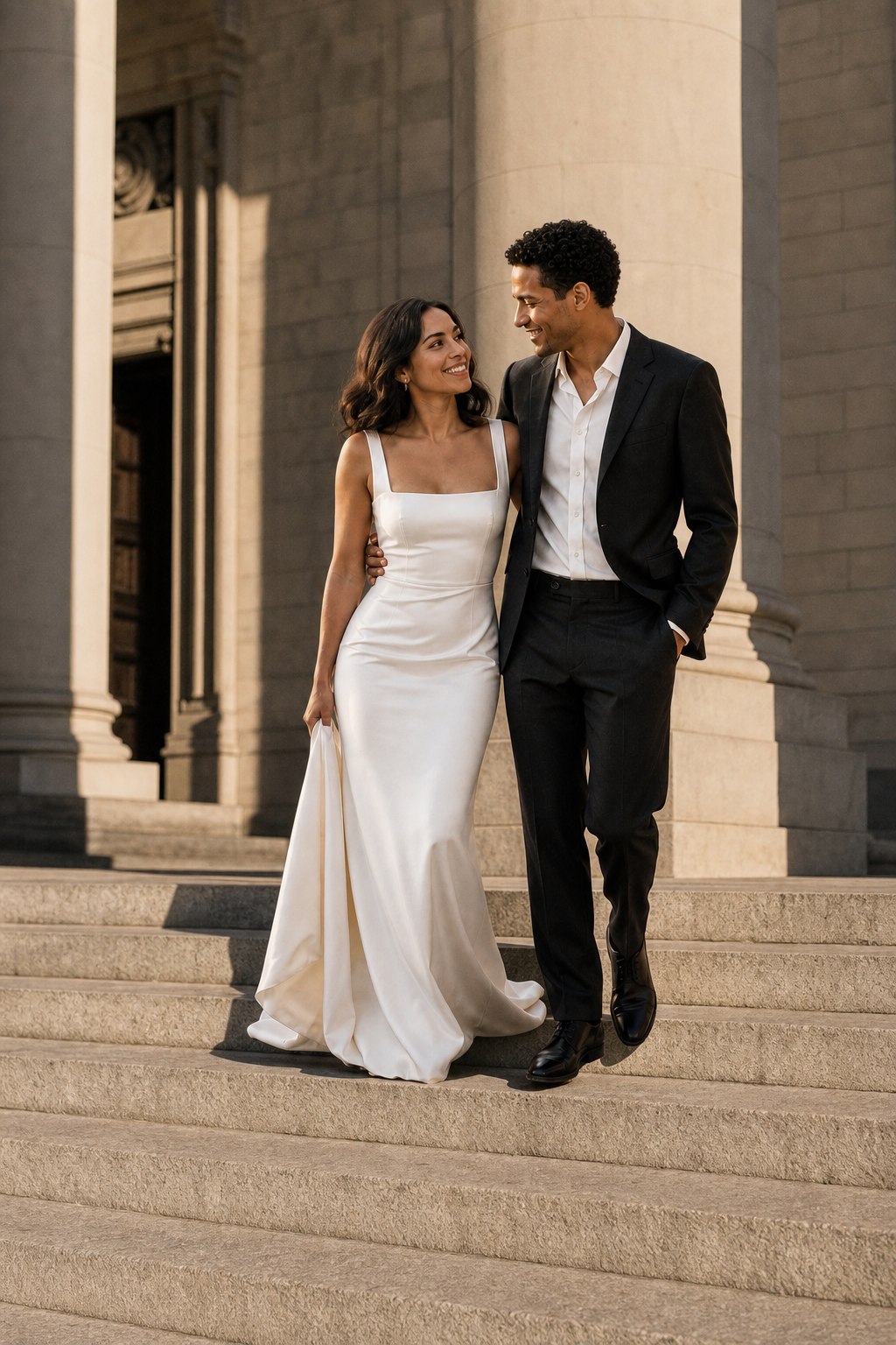The same fictional couple in a graphic editorial city wedding direction