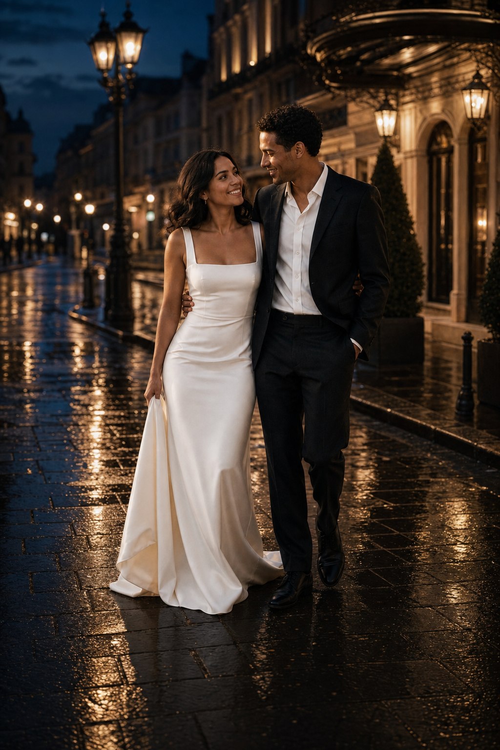 The same fictional couple in a cinematic after-dark wedding direction