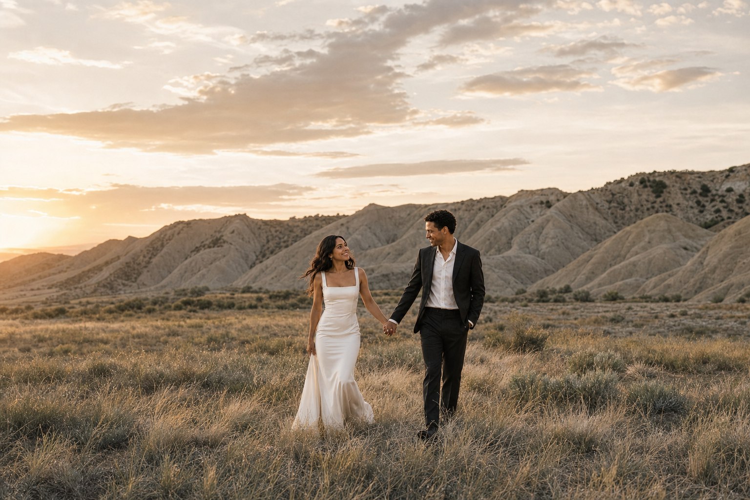 The same fictional couple walking through a wide golden landscape