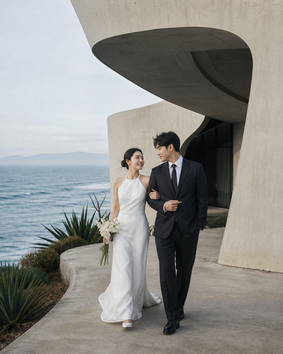 Coastal Modern wedding-photo possibility with a fictional example couple